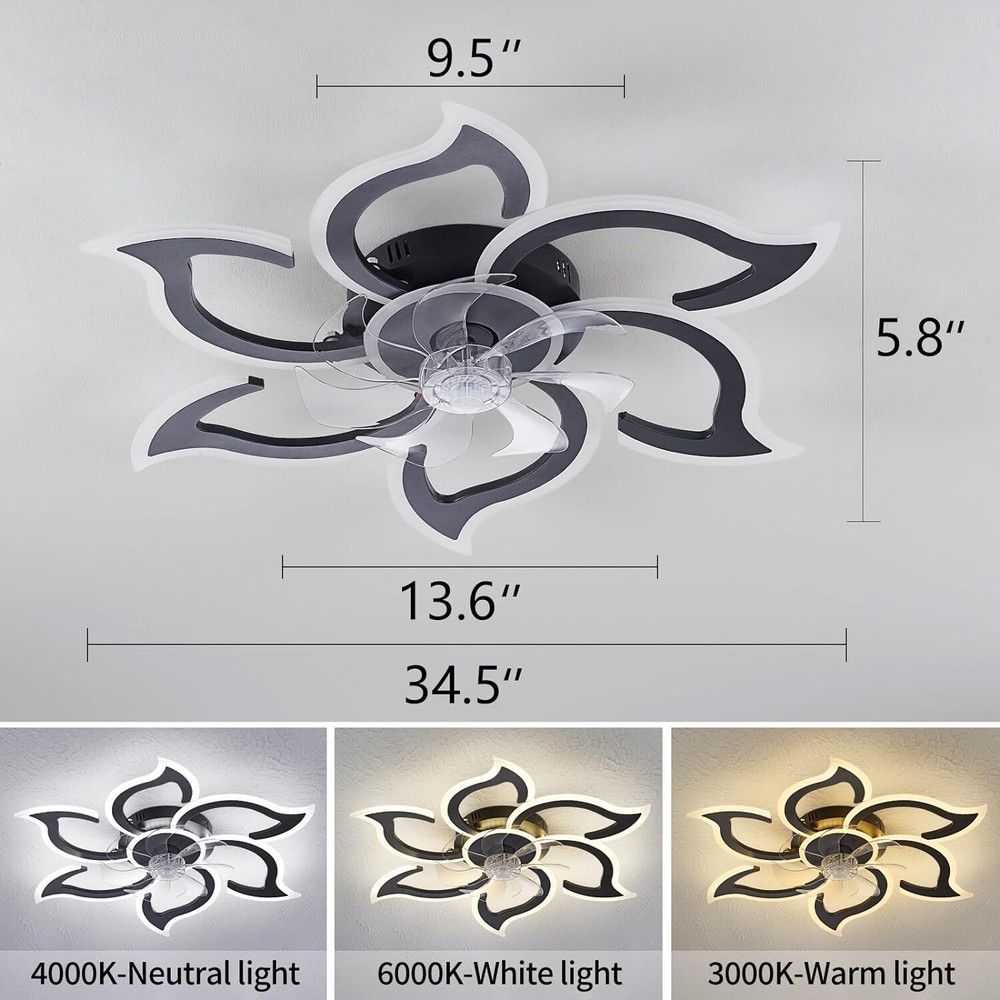 Black Ceiling Fan with Lights, 35" Modern Light 35"-Black