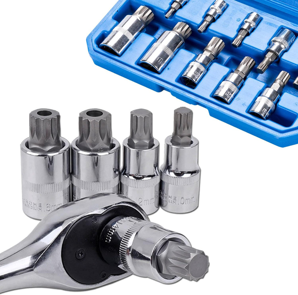 Spline Socket Bit Set 10Pcs Square Triple Silver M4 - M18