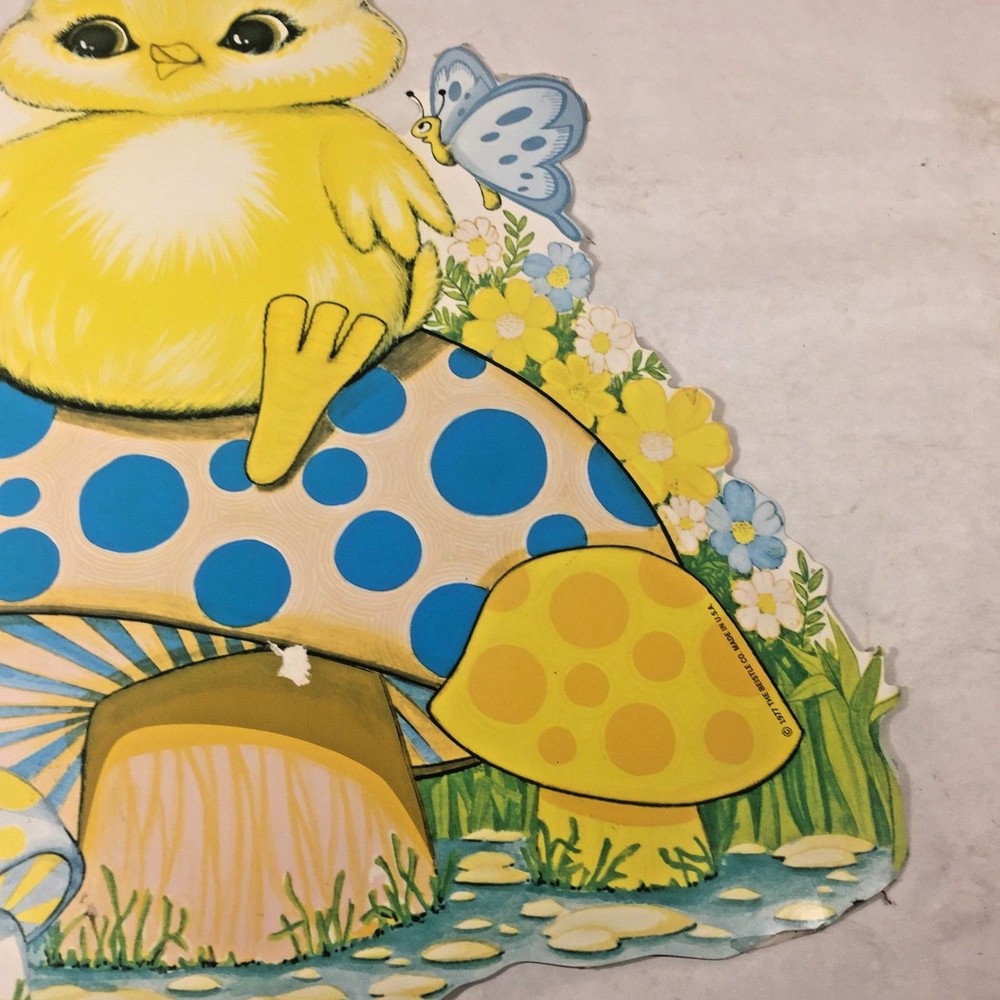 Vtg MCM 1977 Beistle EASTER Chick Sitting on Mushroom TOADSTOOL Diecut Butterfly