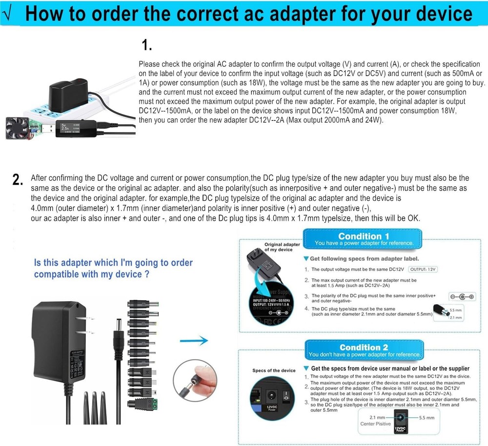 DC12V Power Supply 1A 12V AC Adapter with 11 Changeable DC Plug Tips...