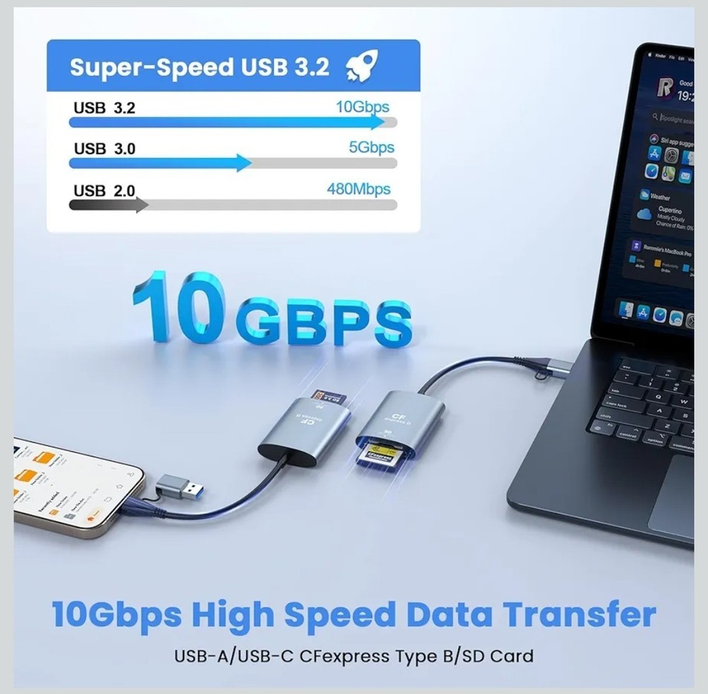CFexpress Type B and SD Two-Slot Card Reader USB 3.1 Gen 2 10Gbps Type B Reader