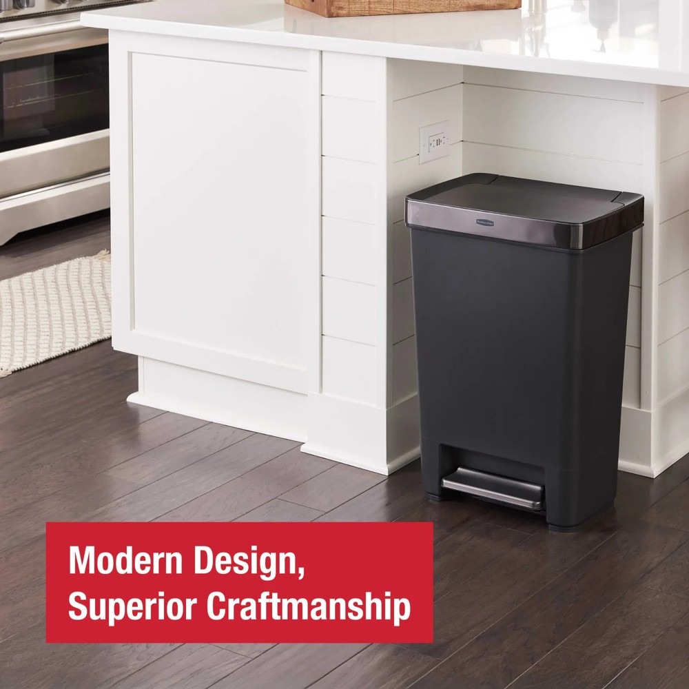 Rubbermaid Kitchen Trash Can, 12.4 Gallon Plastic Step Garbage Bin with Stainles