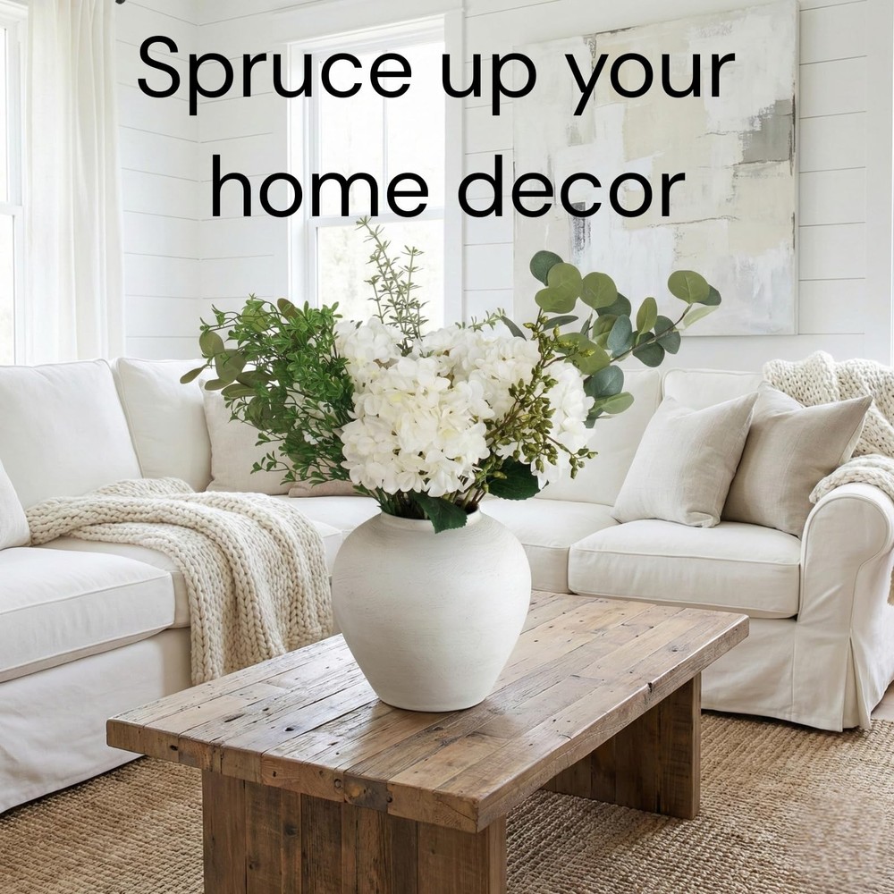 Faux Arrangement - Eucalyptus & White Hydrangea Flowers, Large Artificial Flo...