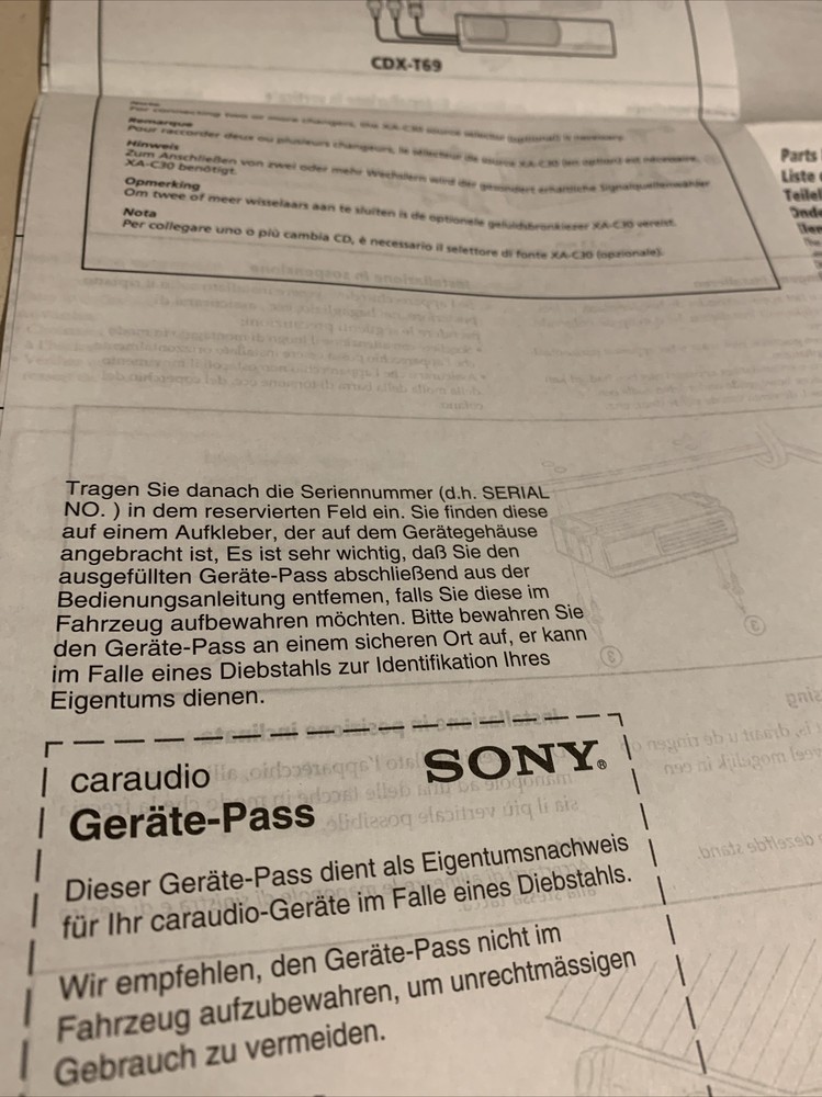 Sony Compact Disc Changer Operating instructions CDX-T69 Original (2002)