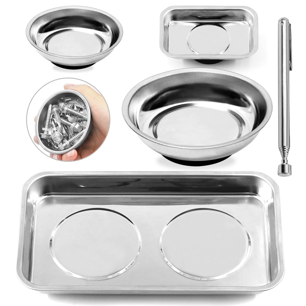 Magnetic Tool Tray Set - Round & Rectangular Bowls with Pickup Tool 5-Pcs