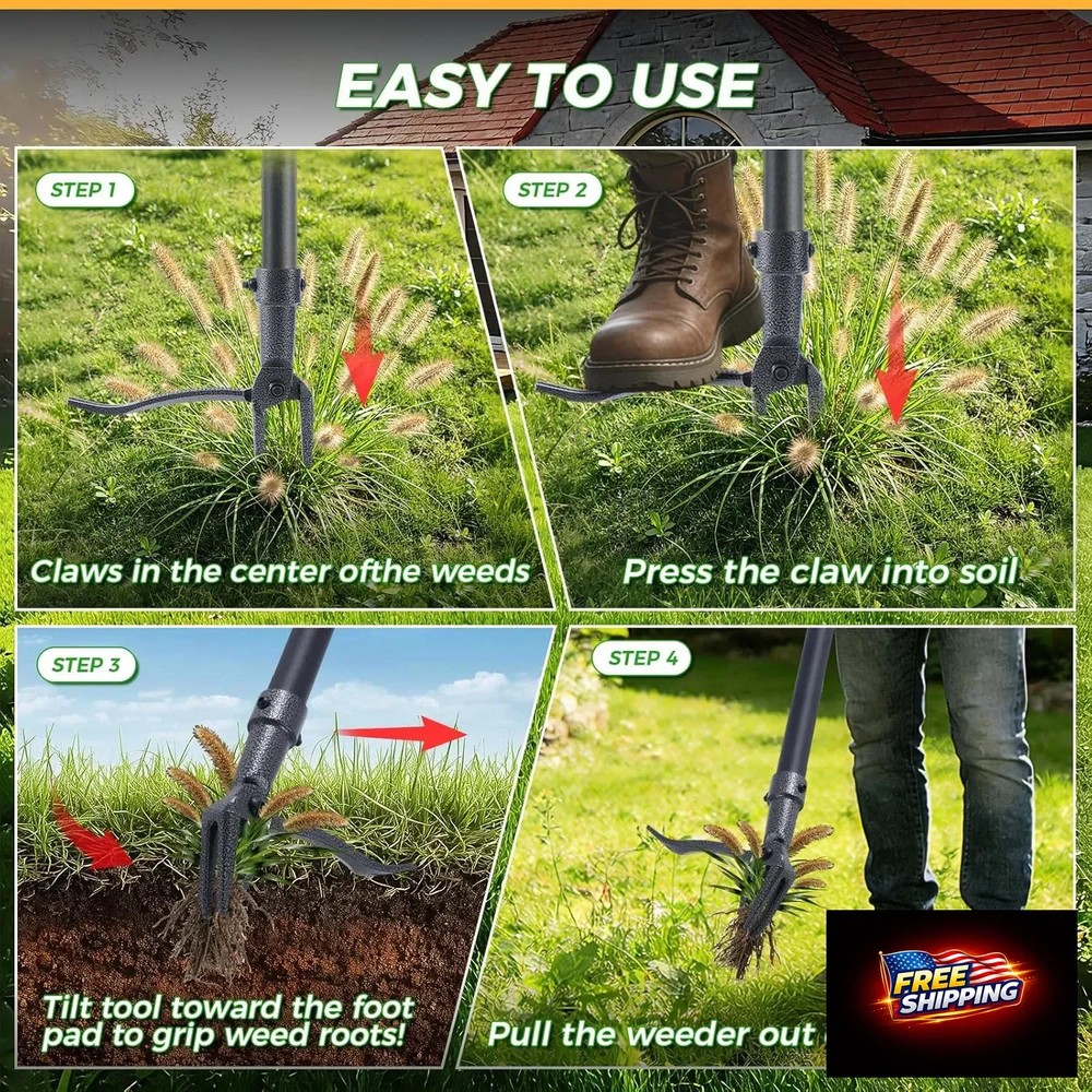 Weed Puller, Stand Up Weed Puller Tool with Steel Long Handle & 4-Claw Steel Hea