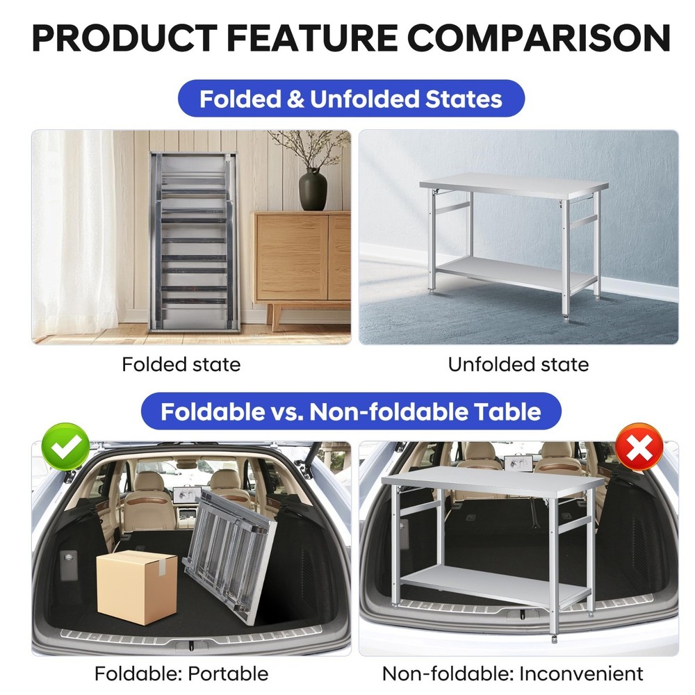 36" x 24" Stainless Steel Folding Table Foldable Prep Table Worktable Kitchen