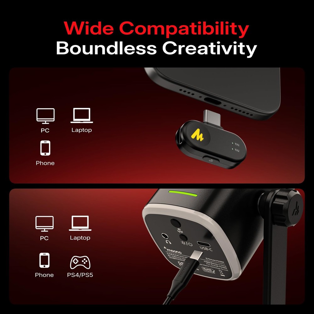 MAONO PD100W Wireless/USB Microphone, PC Gaming USB-C Receiver, Black