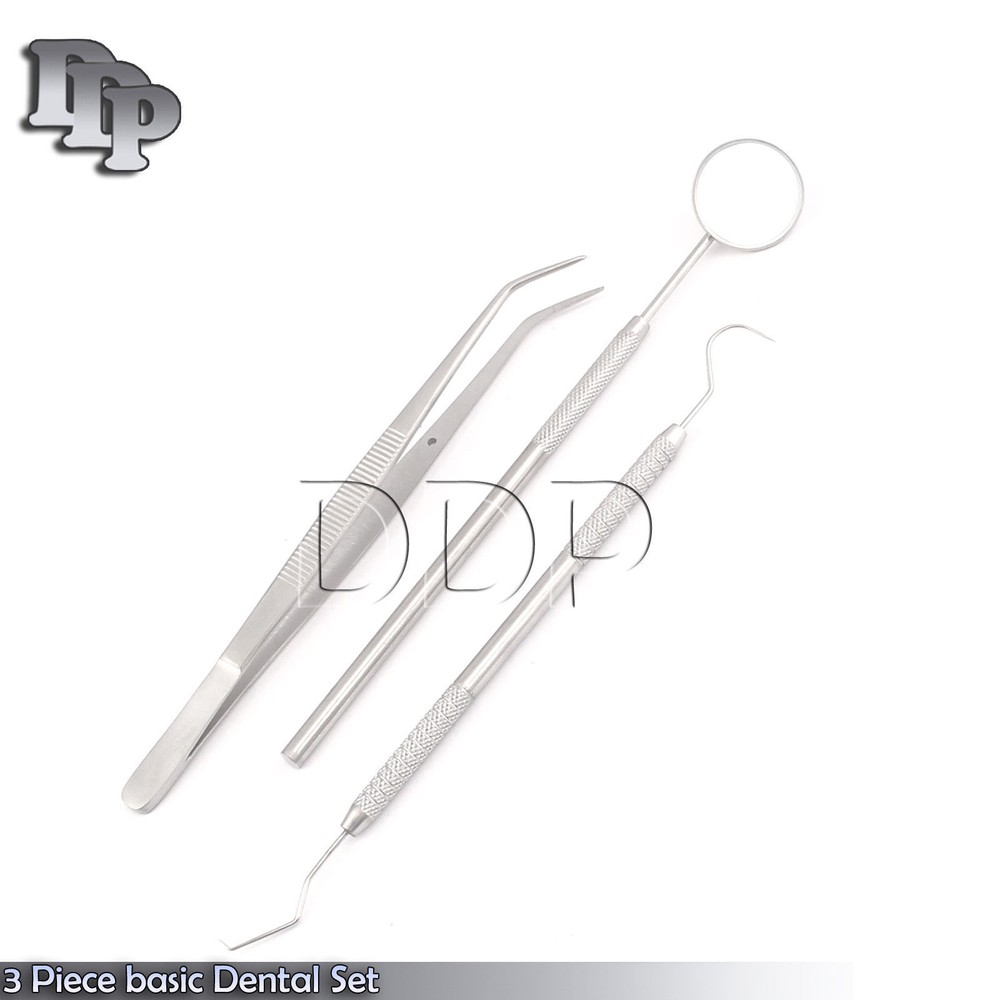 3 PC BASIC DENTAL EXPLORER MIRROR COLLEGE COTTON PLIER INSTRUMENTS SET KIT