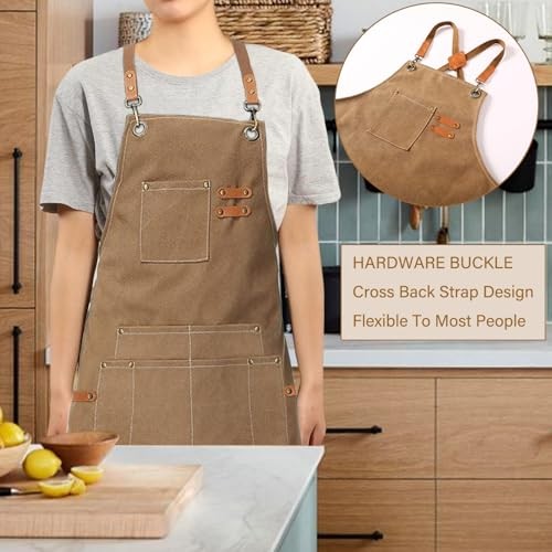 Canvas Work Apron,Cross Back Aprons for Brown