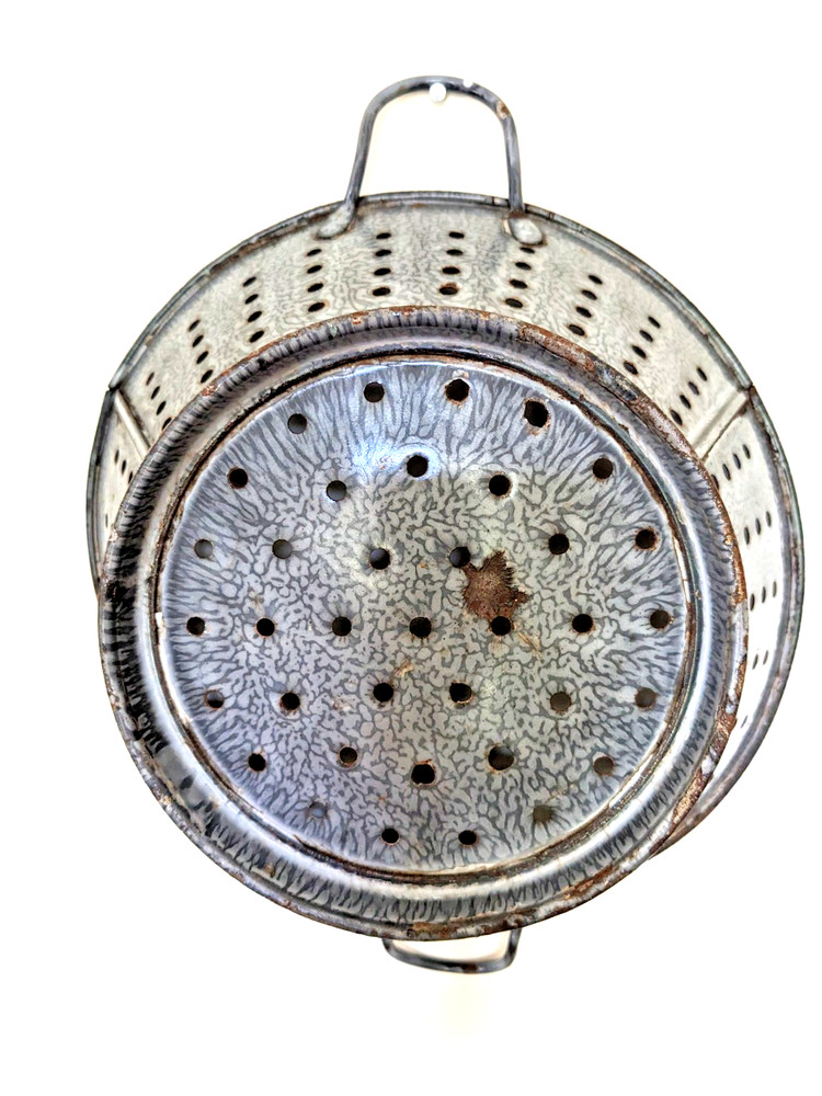 Antique Graniteware Colander Enamelware Strainer Rustic Primitive Farmhouse