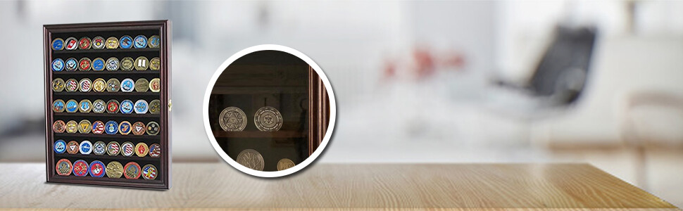 Premium Lockable Challenge Coin Display Case - Mahogany Finish, Wall Mountable