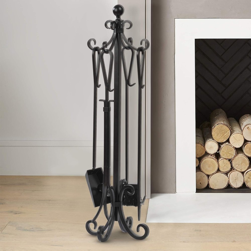 Rustic 5-Piece Fireplace Tool Set with Heavy-Duty Base and Ergonomic Tools