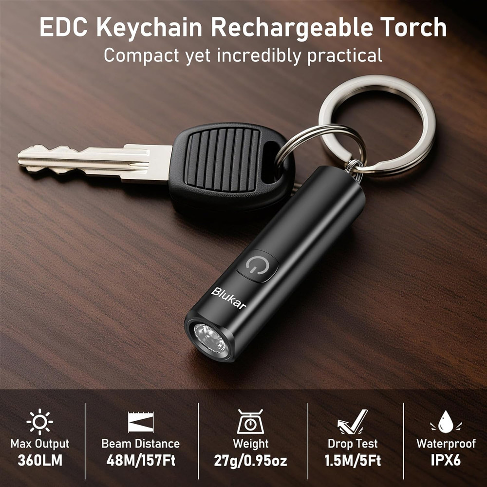 Rechargeable EDC Flashlight, 360L Mini Keychain Flash Light with 3 Lighting Mode