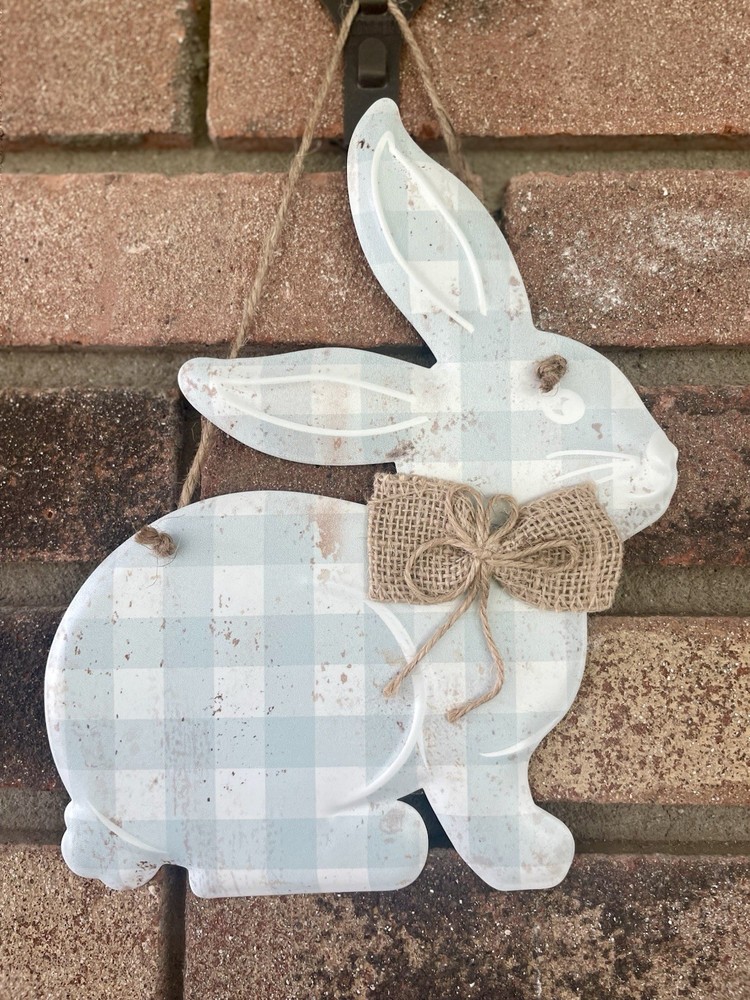 Spring Blue Gingham Hanging Metal Bunny
