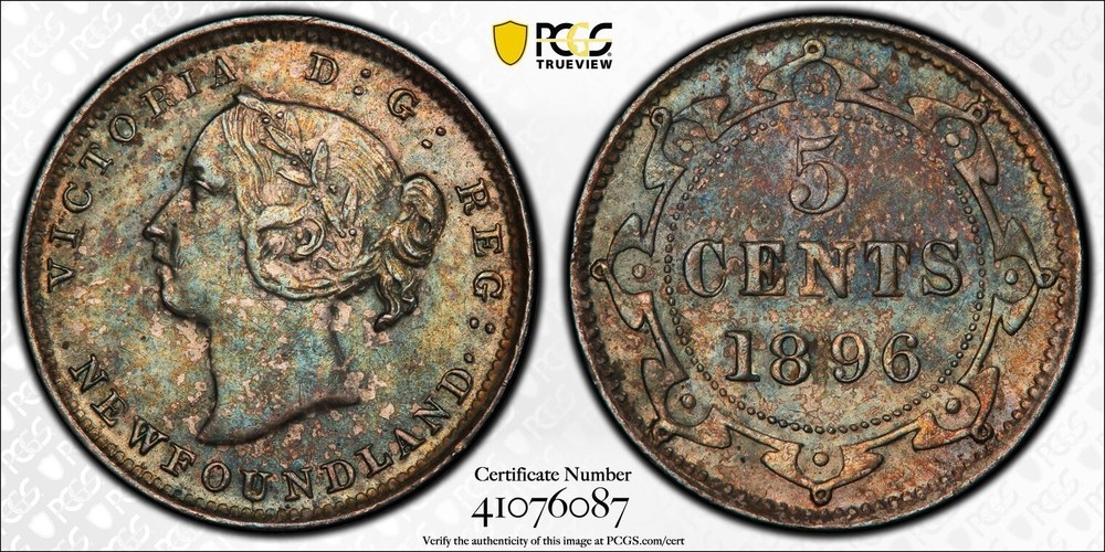 Newfoundland 5 Cent 1896 PCGS Graded AU53