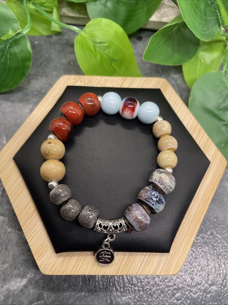 Handmade Ceramic Bead Beaded Stackable 6.25” Plus Stretch Bracelet New B207