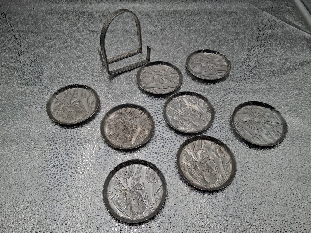 Hammered Aluminum 8 Coaster Set with Carrier - Cabbage Rose Design