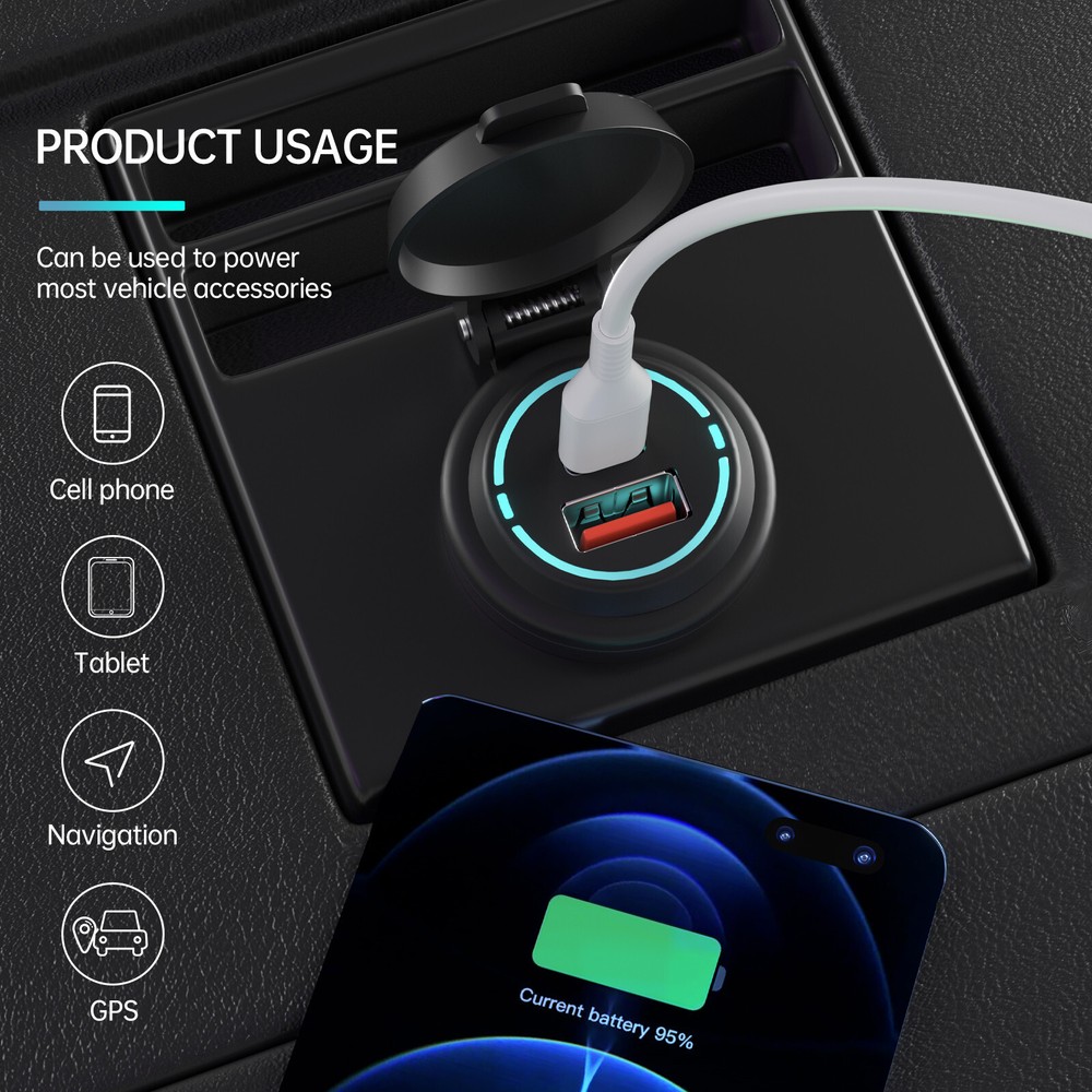 Quick Charger Car Cigarette Lighter Socket Dual USB Type-C Port Charging Power