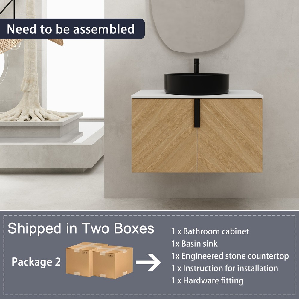 30" Floating Bathroom Vanity Cabinet W/ Ceramic Sink Combo Artificial Stone Slab