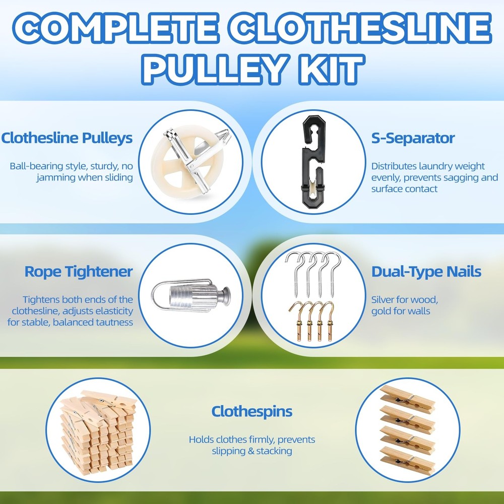 Clothesline Kit Outdoors, Clothes Line Pulley Kit, 164ft Polyester Clothes Li...