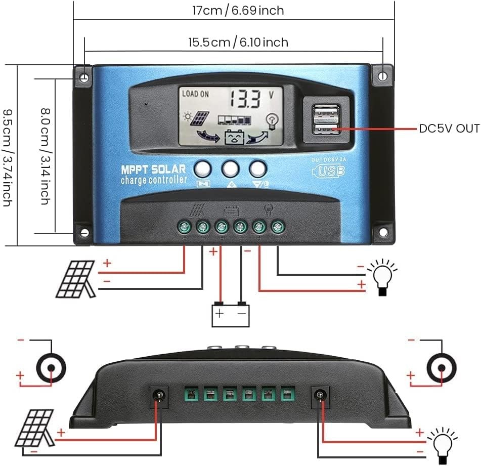 100A MPPT Solar Panel Battery Charge Controller 12V/24V Regulator Dual USB Port