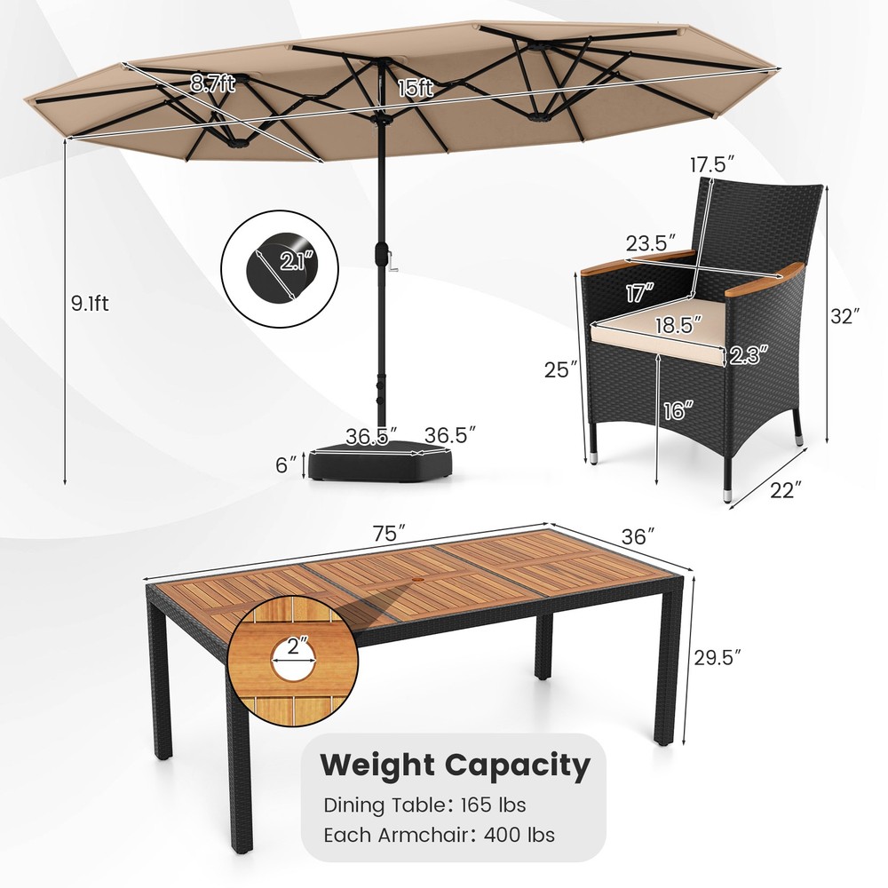 11PCS Patio Wicker Dining Set w/Double-Sided Outdoor Umbrella 8 Stackable Chairs