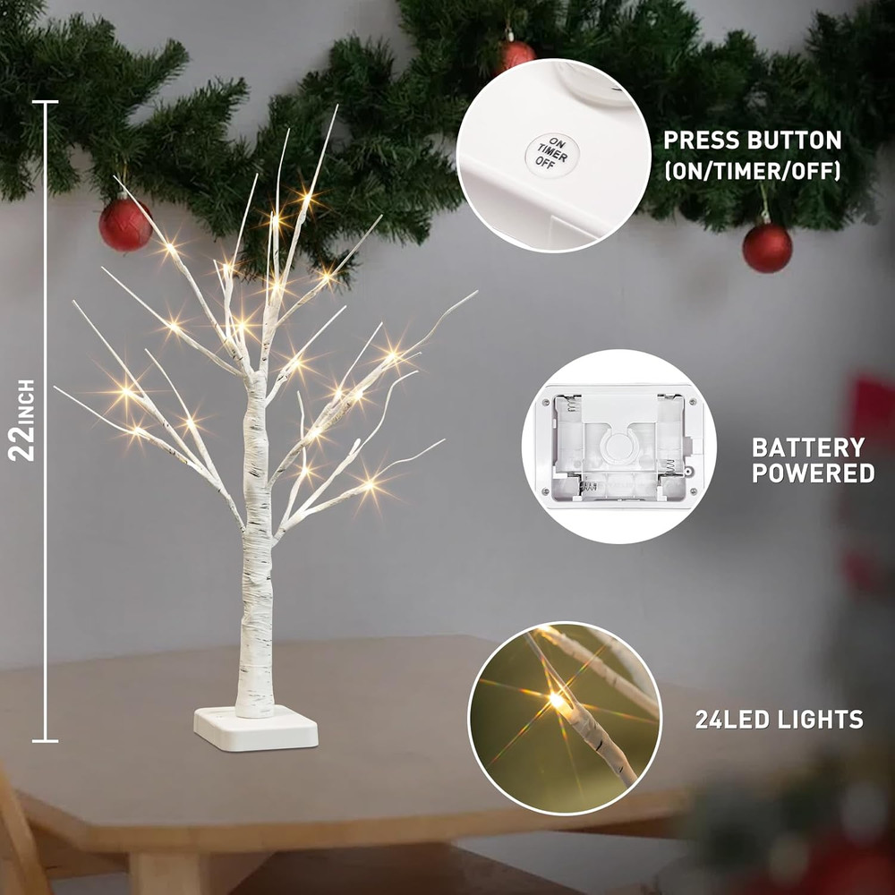 Lighted Birch Tree, 2 Pack Christmas Tree with 24 LED, Tabletop Centerpiece A...