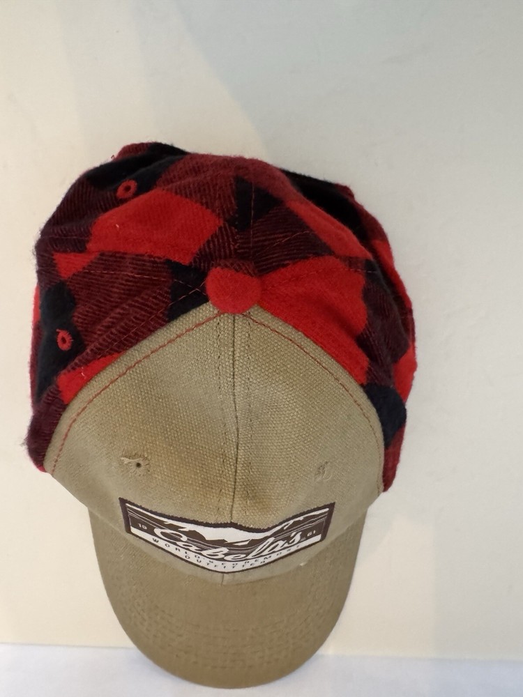 Cabelas Cap Buffalo Plaid Hat Tan Patch Red Black Flannel SnapBack 6 Panel Crown