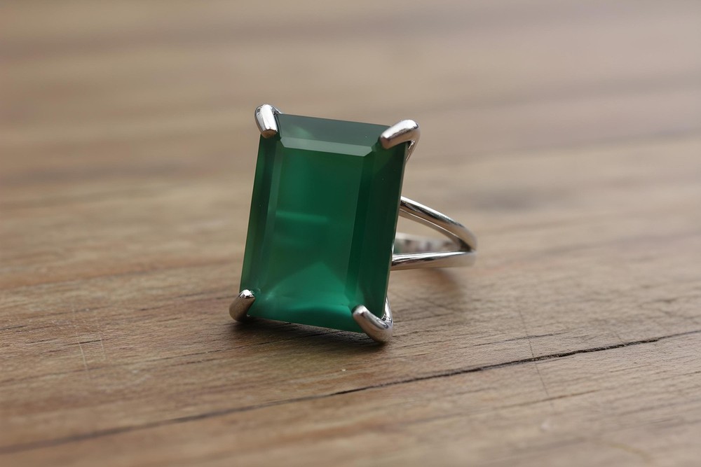 Green Onyx Ring Anemone Jewelry Silver Rectangle Long Statement Ring