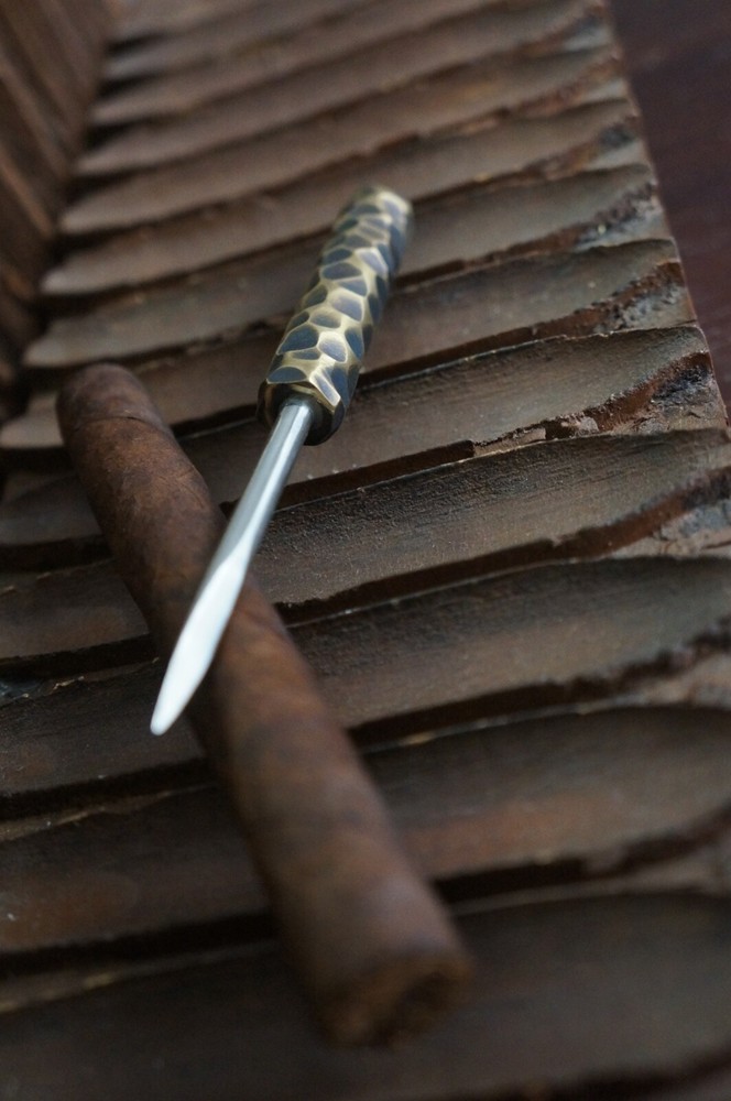 Handmade Brass Cigar Pick with textured handle. Includes sheath - 5.25" long