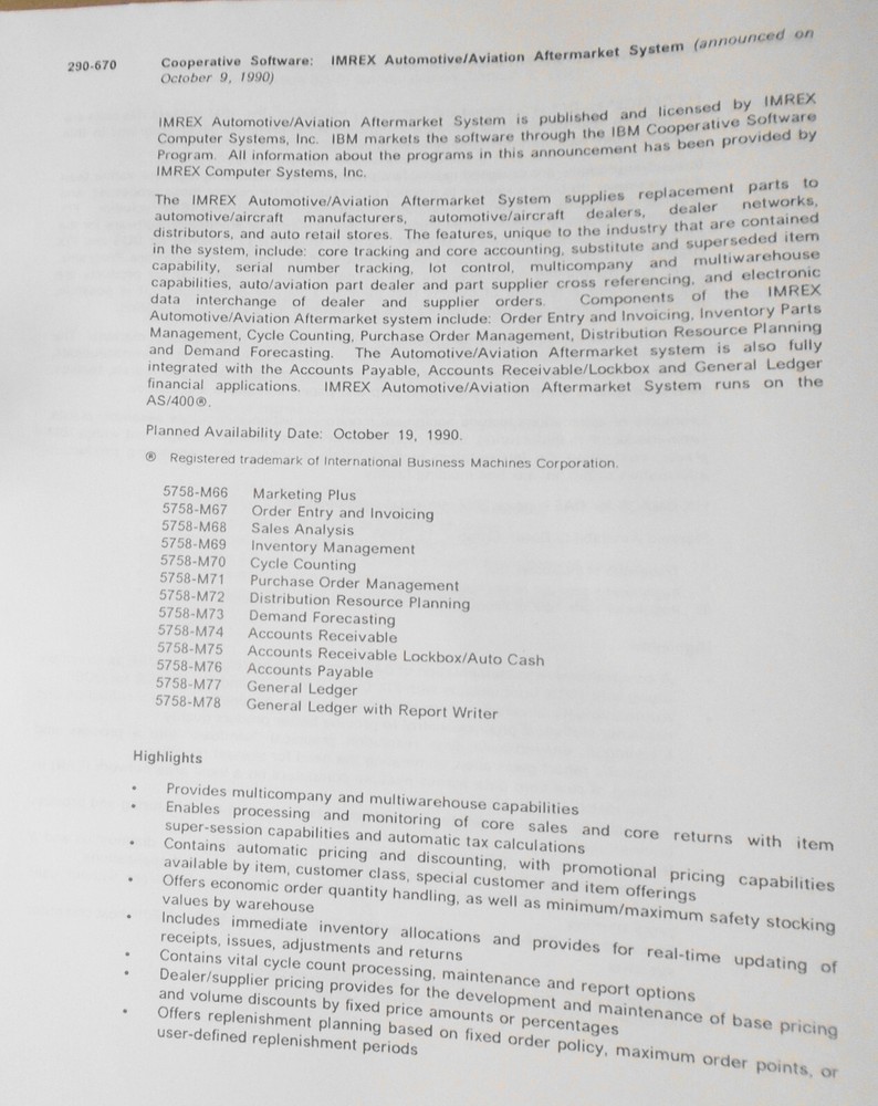 IBM Announcement Letter Summary, 10/23/1990 : System/370, Cooperative Processing