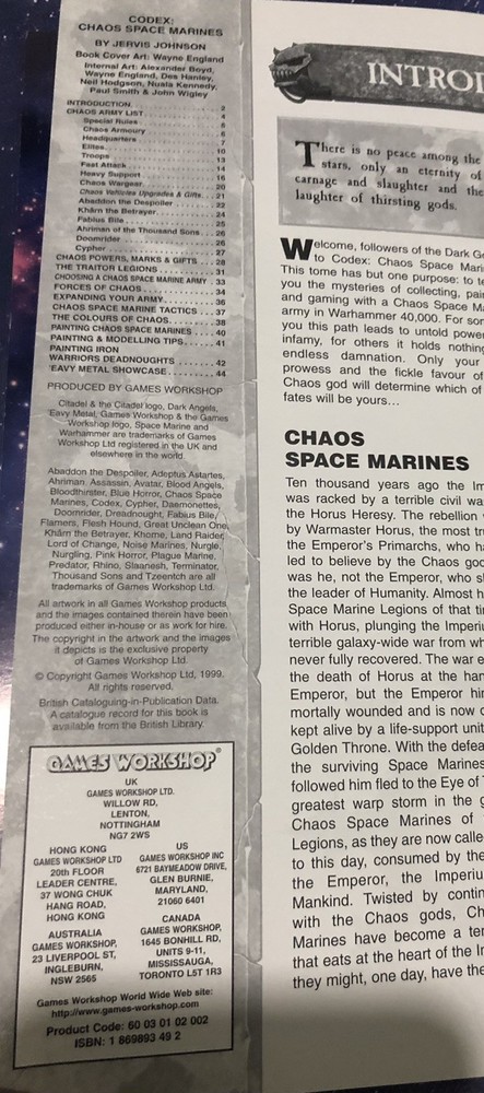 Warhammer 40k Chaos Space Marines Codex Supplement Softcover 1999