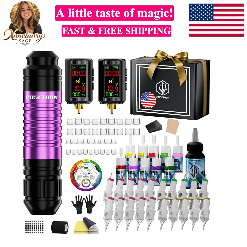 POSEIDON Cordless Tattoo Pen Kit with 2×1600mAh Batteries & Complete Starter ...
