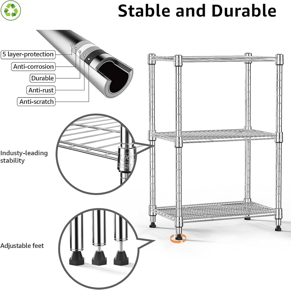 Adjustable 3-Tier Metal Wire Storage Shelves for Kitchen Bathroom Pantry Garage