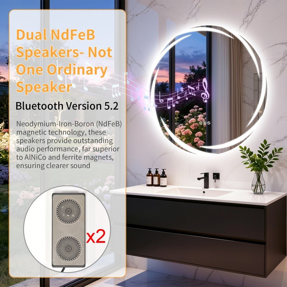 32" Smart LED Bathroom Mirror Wall-Mounted with Bluetooth Speaker Dimmable Round