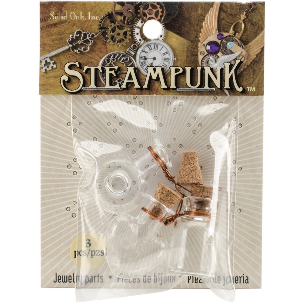 Solid Oak Steampunk Glass Accents 3/Pkg-Fancy Bottles