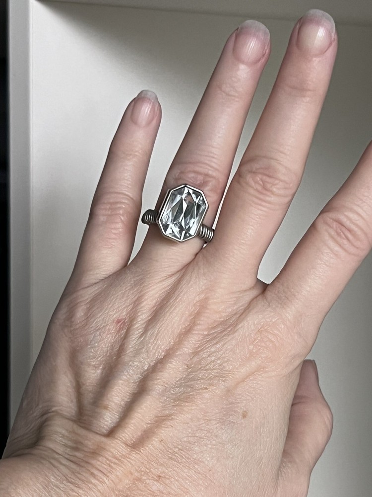 Silver and Crystal Sparkly Wire Wrapped Button Ring Size 6