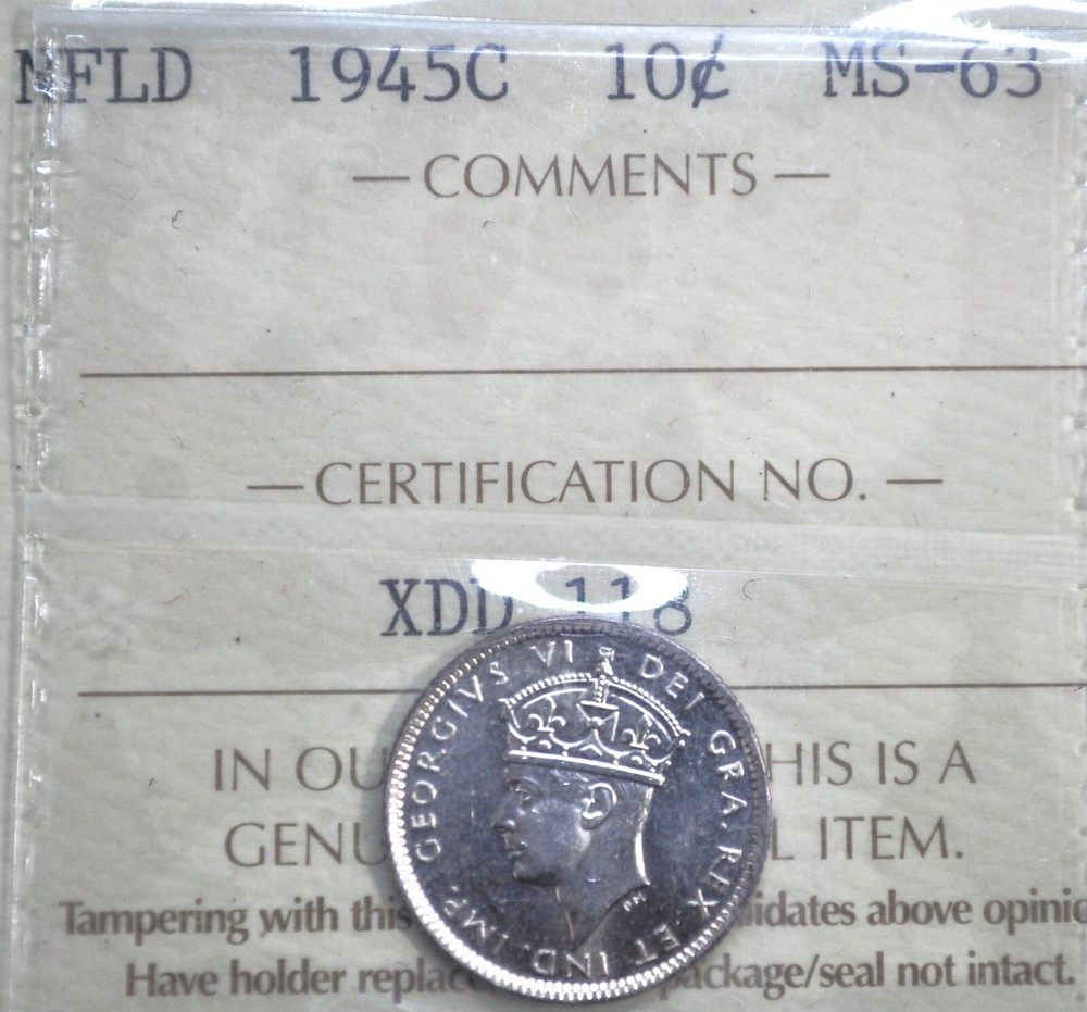1945-c Newfoundland 10 cents ICCS graded MS-63