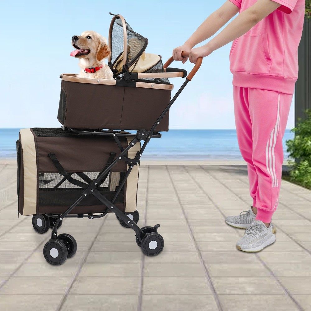 2-Tiers Cat Stroller Foldable Pet Stroller Small & Medium Dogs Stroller 77lbs