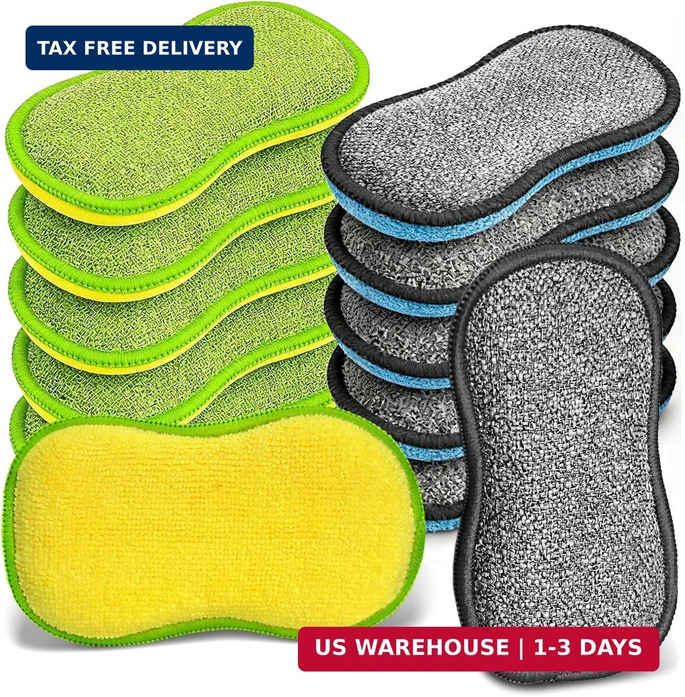 Dish Sponges Kitchen, 12 Pack Multi-Purpose Microfiber Scrub Sponge - Dual-Sided