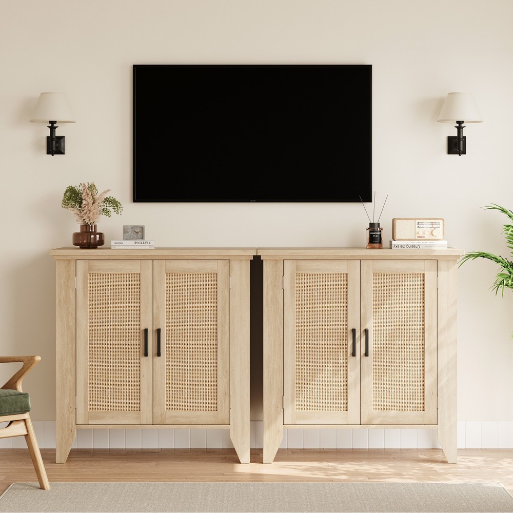 Buffet Cabinet for Storage, Kitchen Sideboard With Rattan Doors Adjustable Shelf