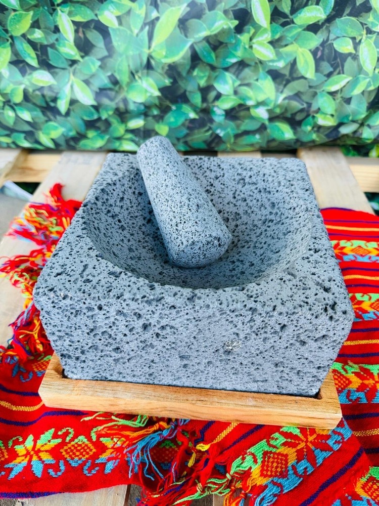 Molcajete Stone Square 8in With Wood Bottom Base