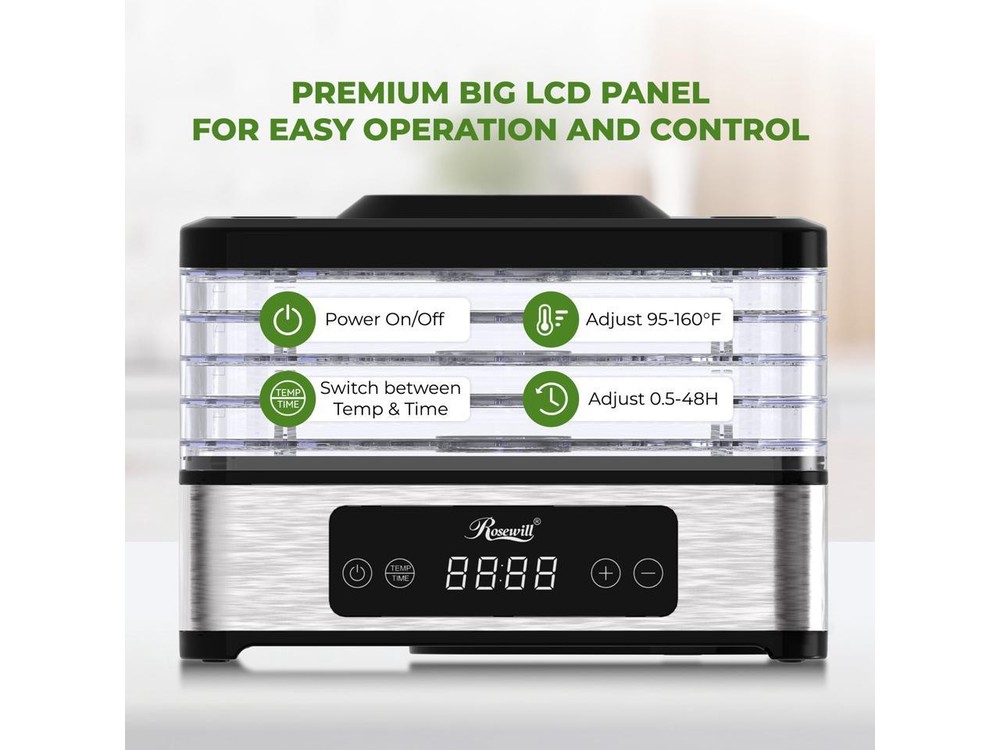 Rosewill Compact Food Dehydrator, 5 Stackable Trays with Adjustable 48H Timer an