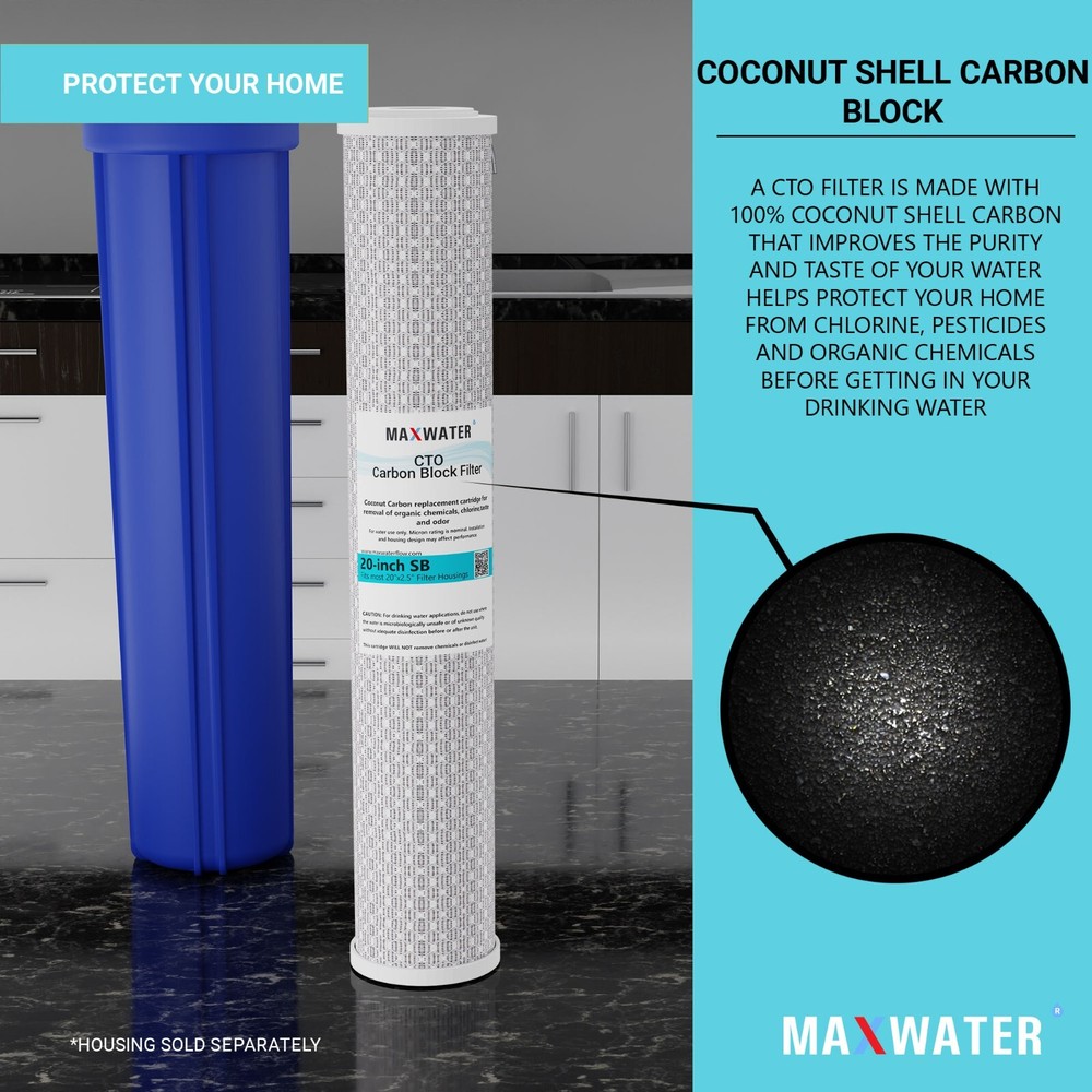 Max Water Whole House Water Filter Set 20" x 2.5" Coconut Shell Carbon, Sediment