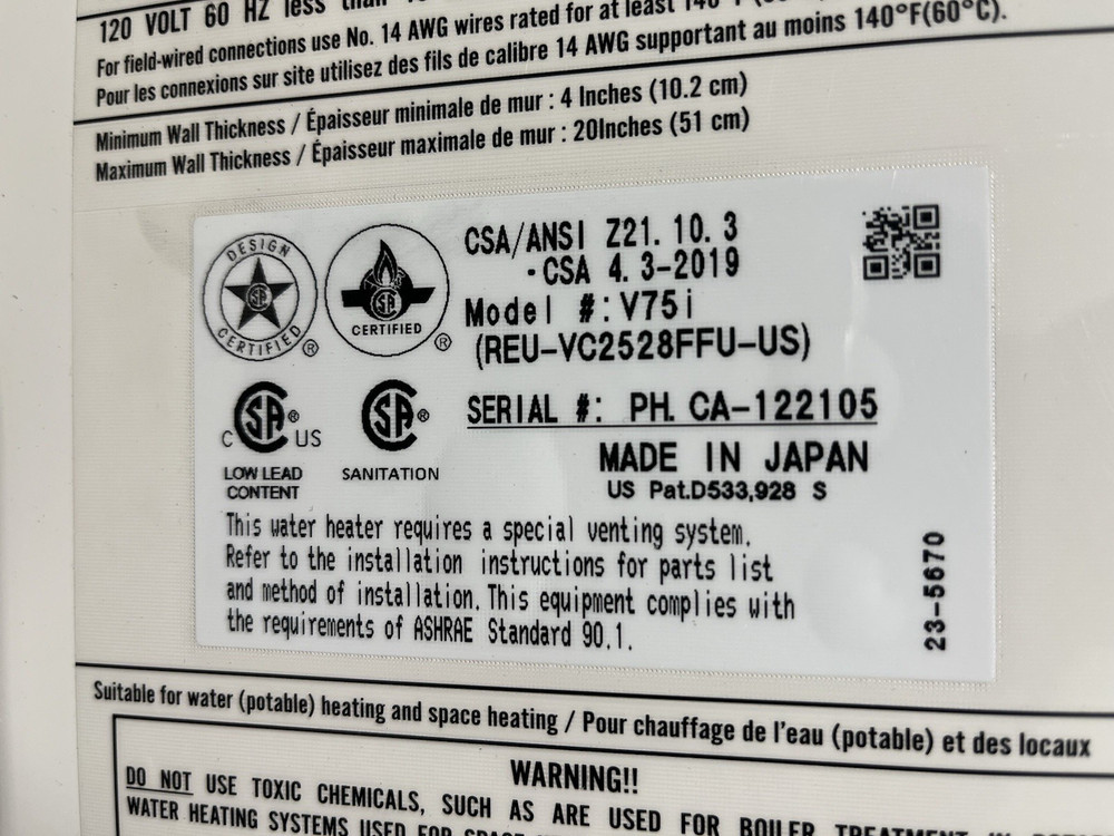 Rinnai V75iN Indoor Tankless Water Heater 180k BTU Natural Gas (B-29 #1639)