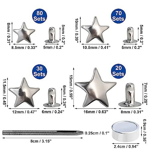 200 Sets Leather Rivets Kit Mixed Sizes Rivets for Leather Star Star - Silver