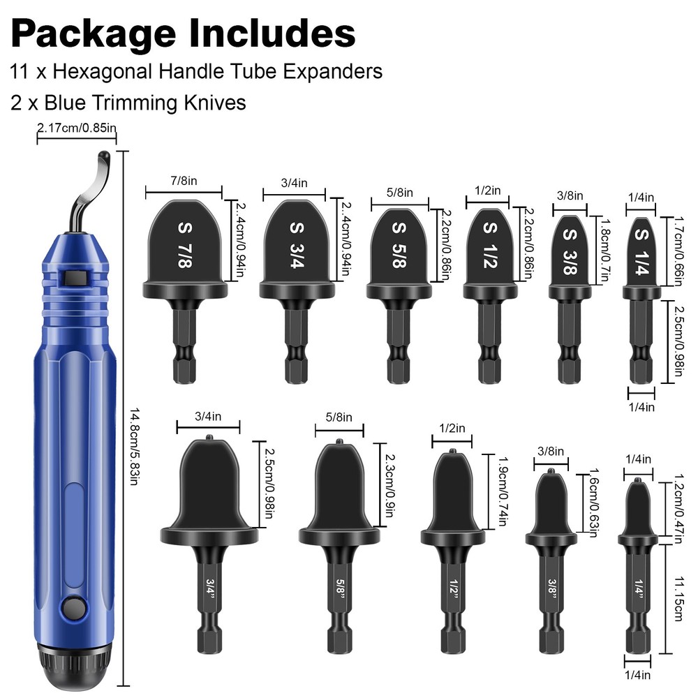 3/4-1/4" HVAC Copper Pipe Expander Swage Tool Drill Bit Set w/ Deburring Scraper