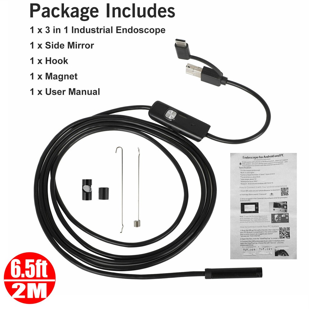 2M USB TypeC Endoscope Borescope Snake Inspection Camera 3 in 1 for Androidid PC