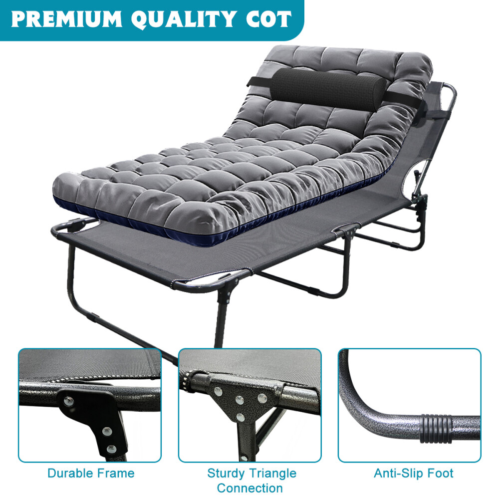 Slsy Adjustable 4-Position Folding Camping Cot Sleeping Cots W/Mat & Headrest